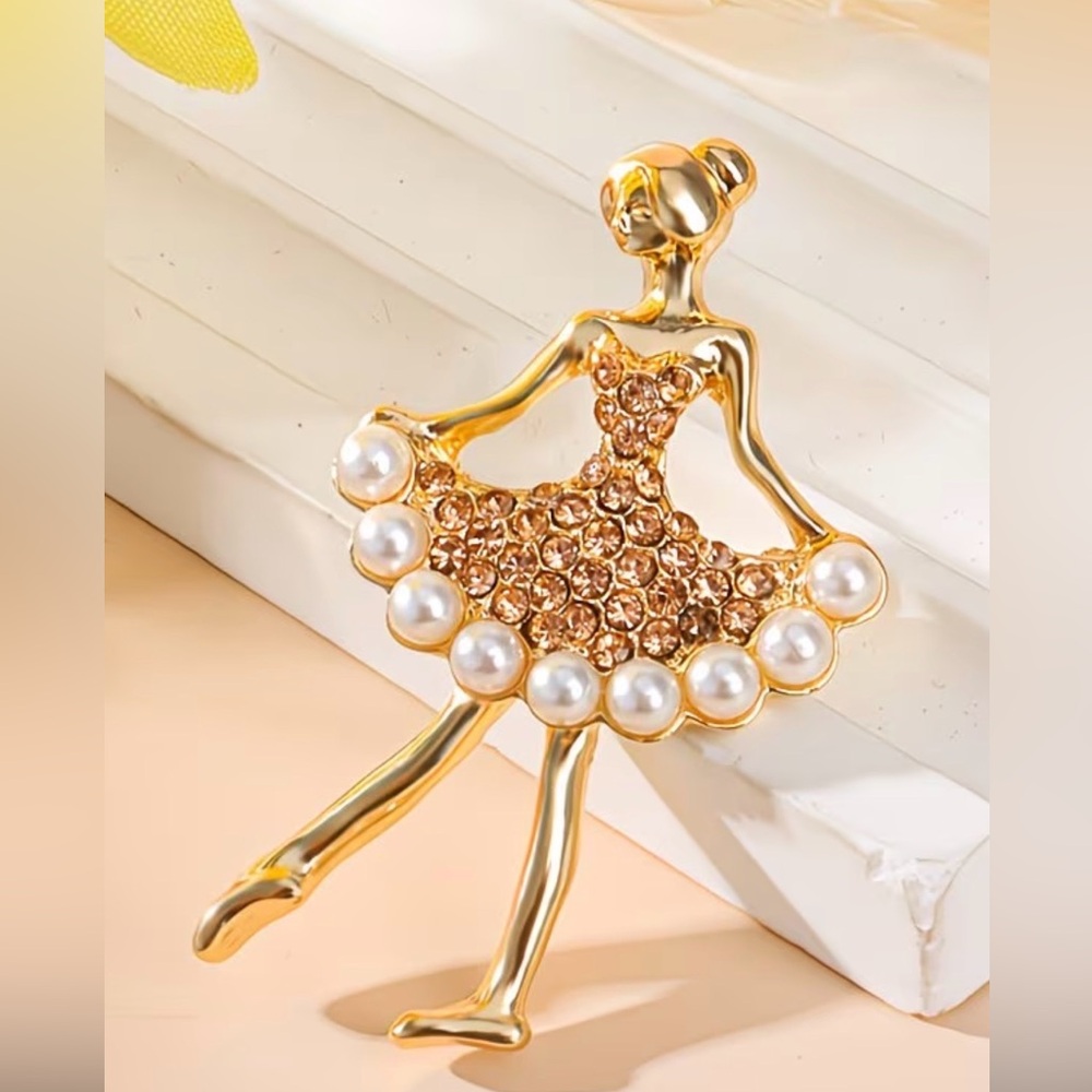 Elegant Gold Ballerina Brooch with Pearls